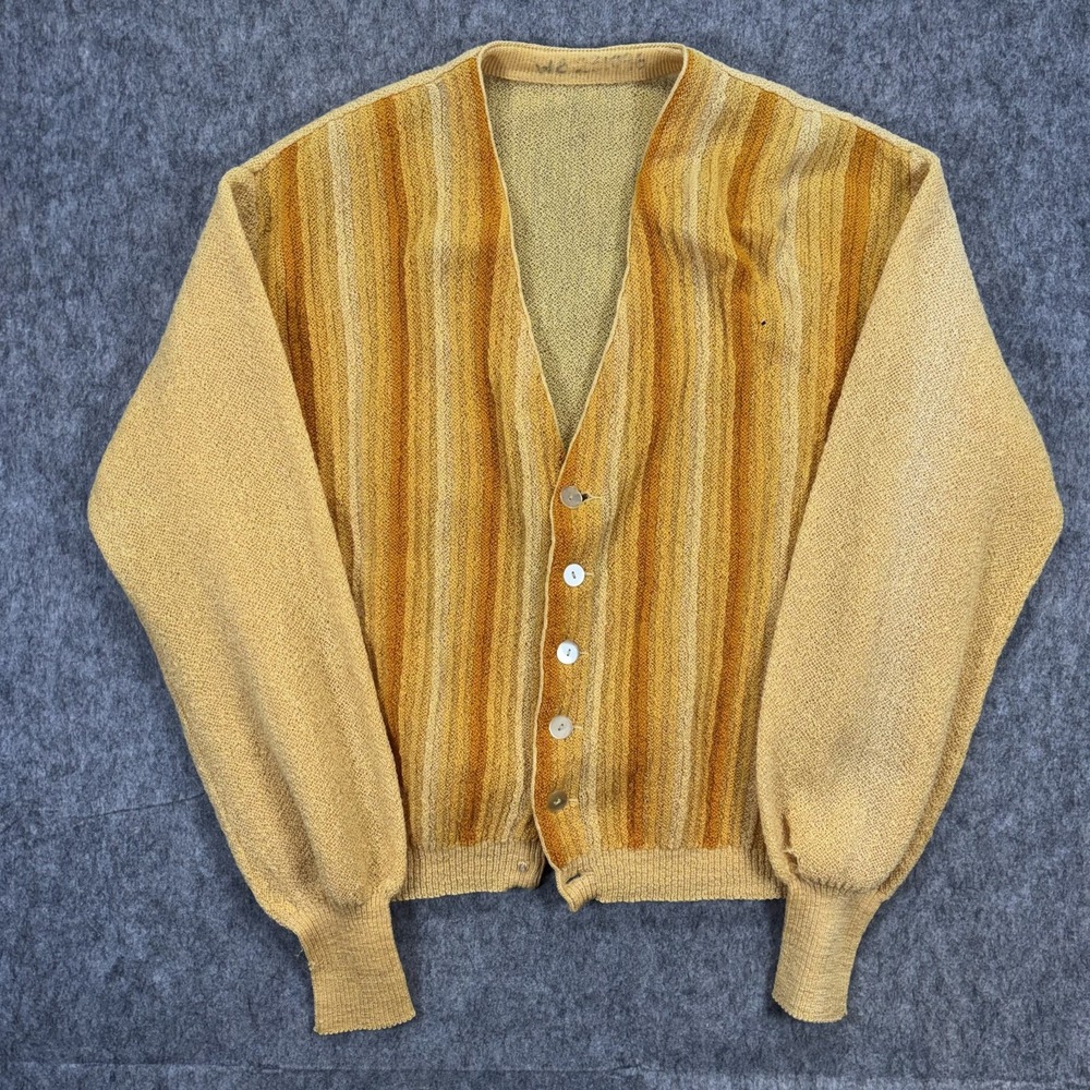Vintage 1960s Striped Cardigan Sweater Yellow Mid Mod USA Cobain Medium 23 x‎ 25